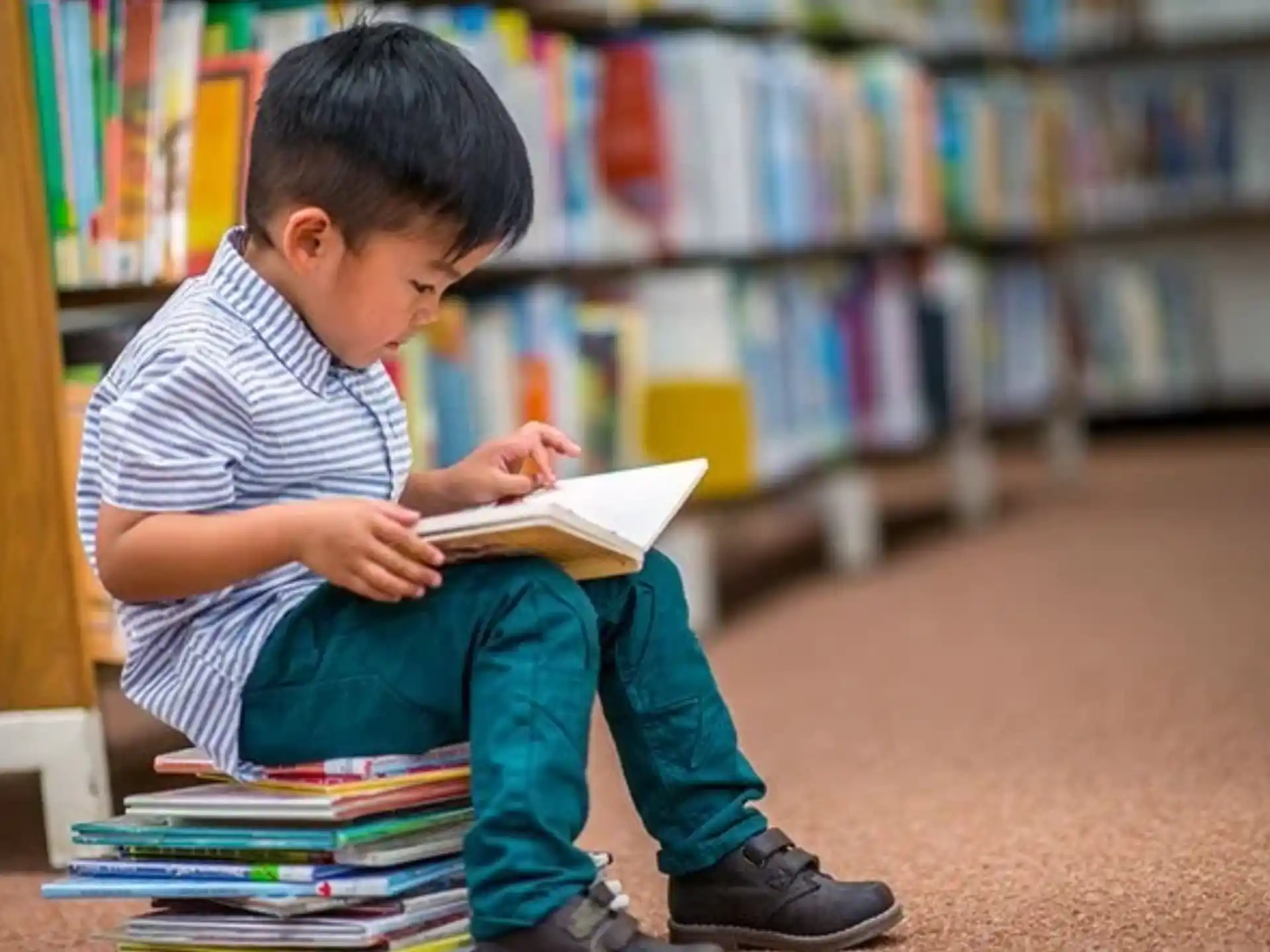 a young boy reading a book