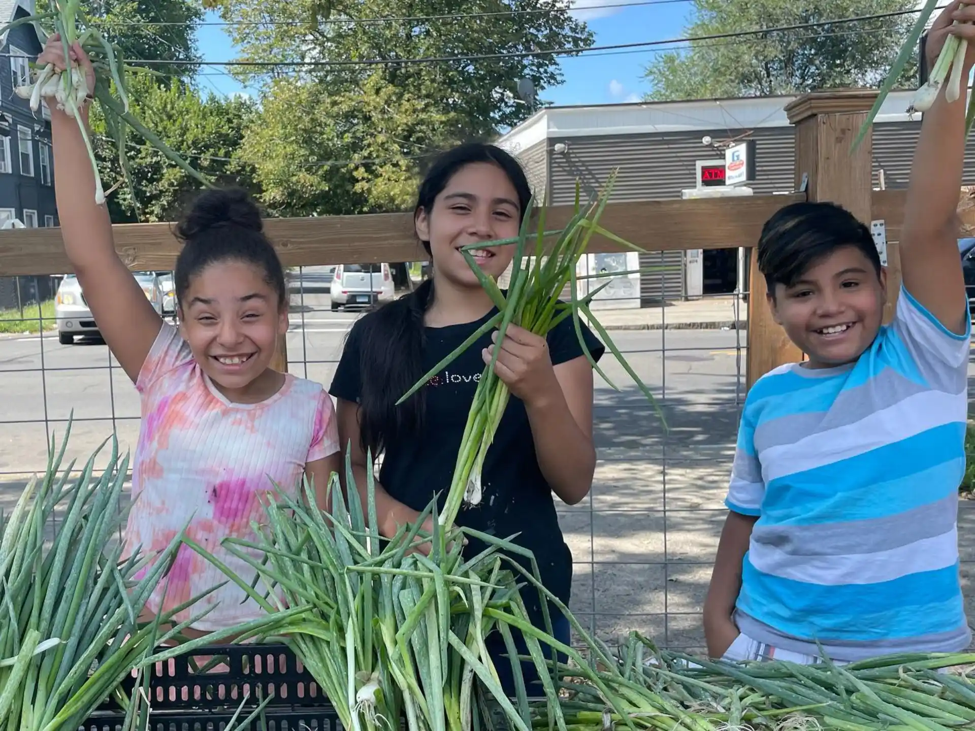 a group of girls smiling and holding plants