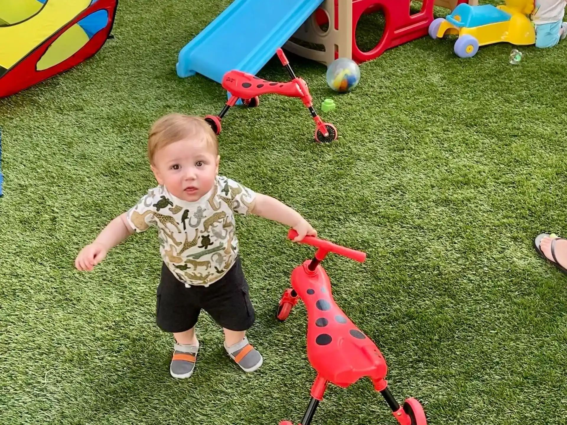 a baby playing with toys
