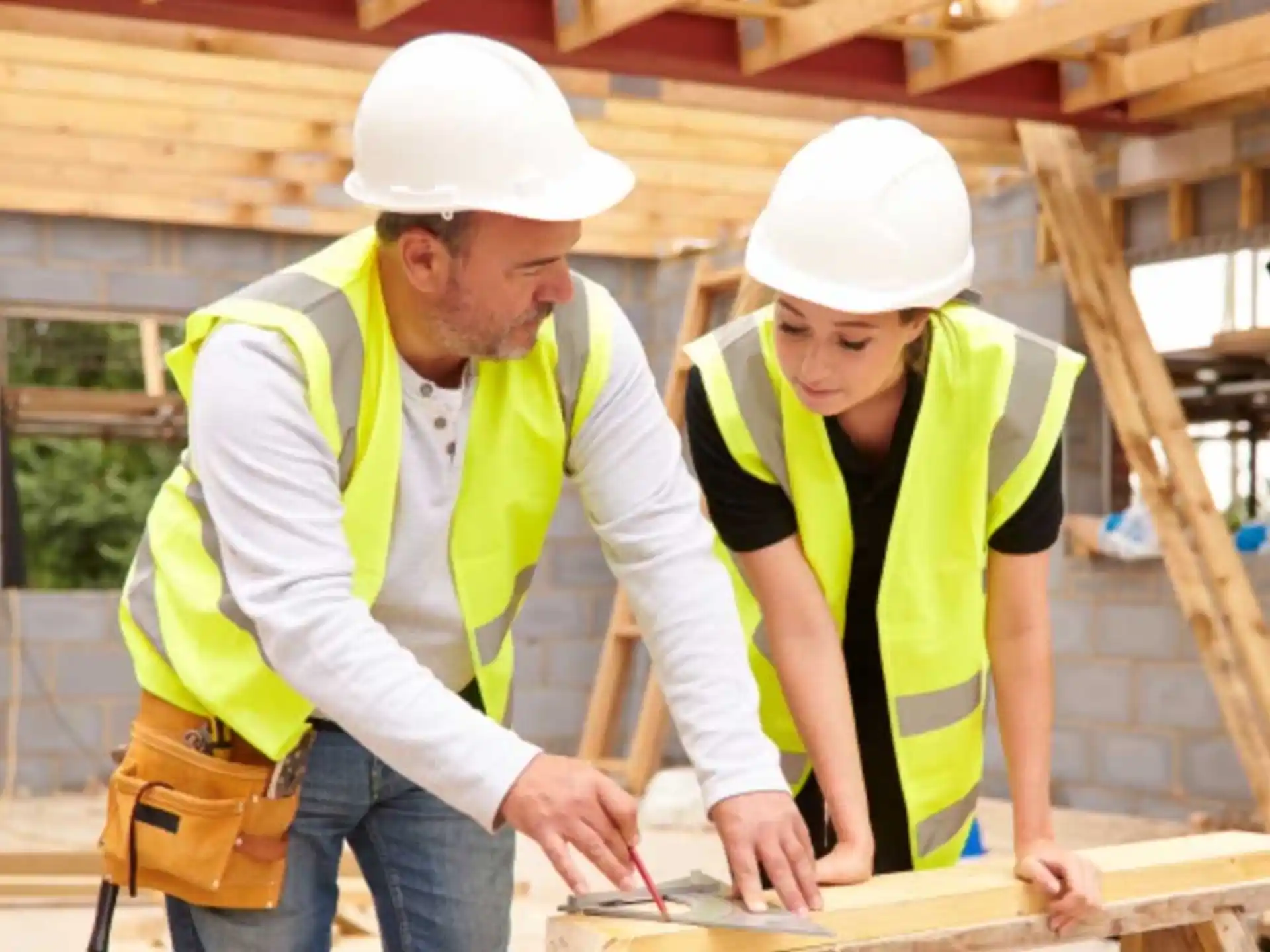 a man and a woman wearing hard hats and working on a piece of wood