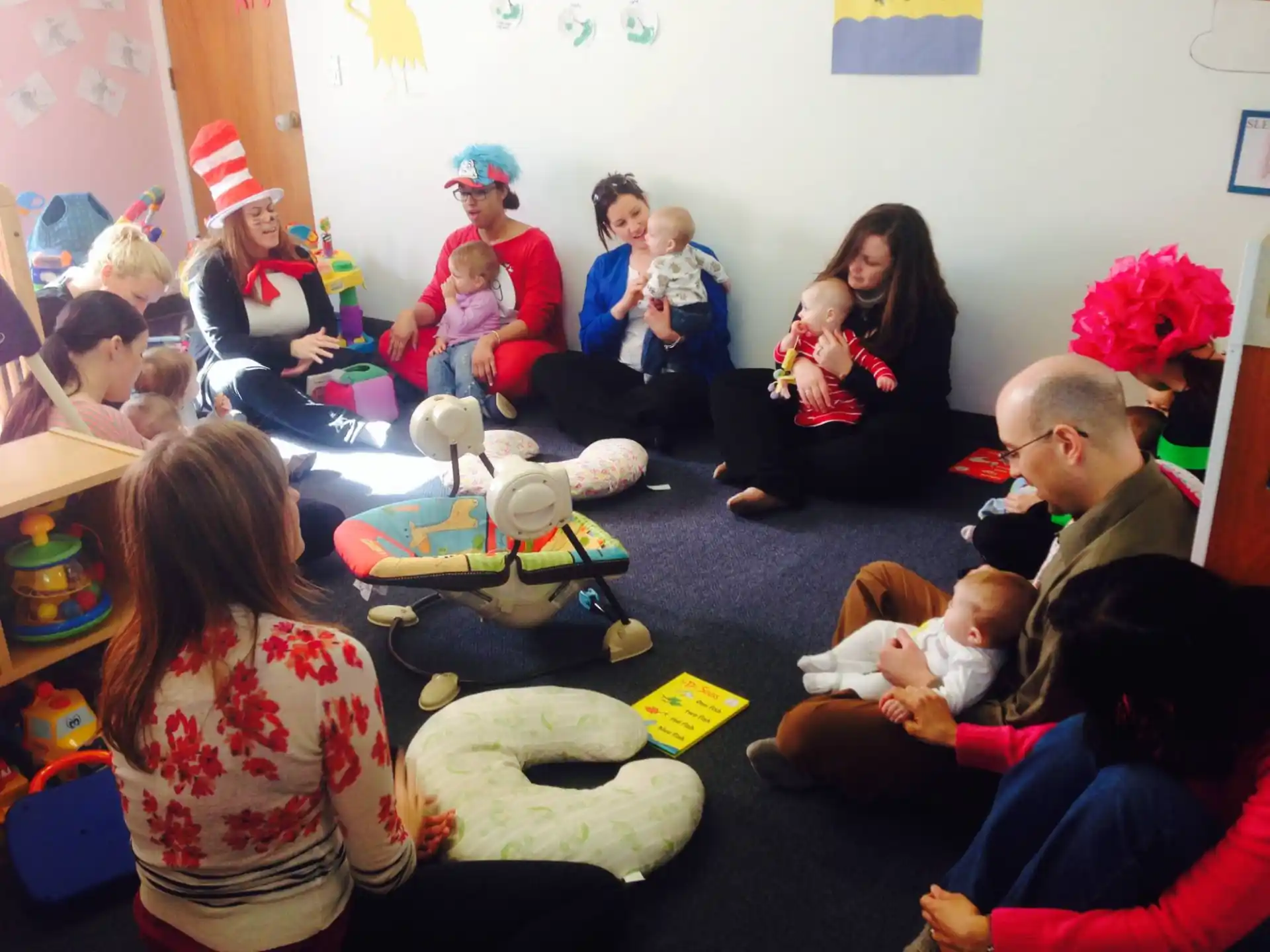 a group of people sitting in a room