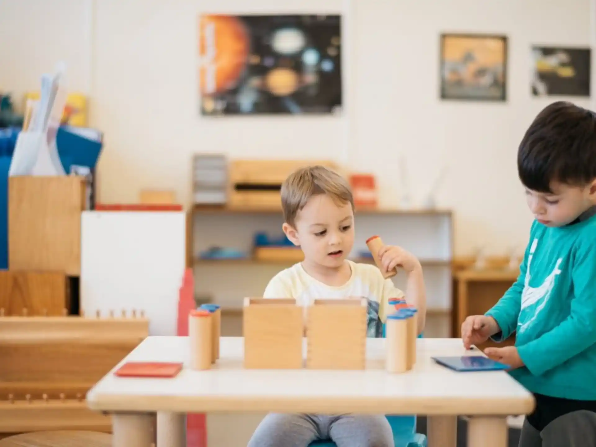 a couple of kids sitting at a table with a book and pencils
