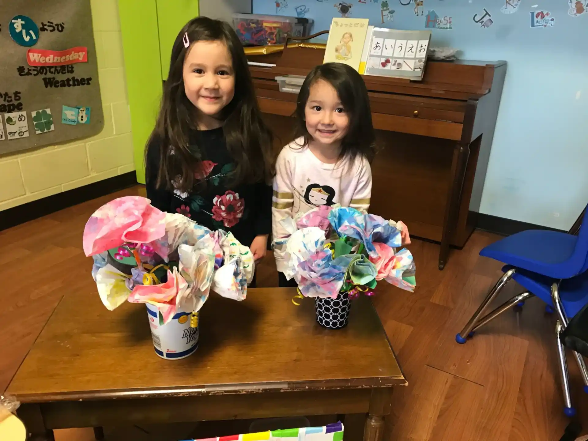 a couple of girls sitting at a table with a basket of easter eggs