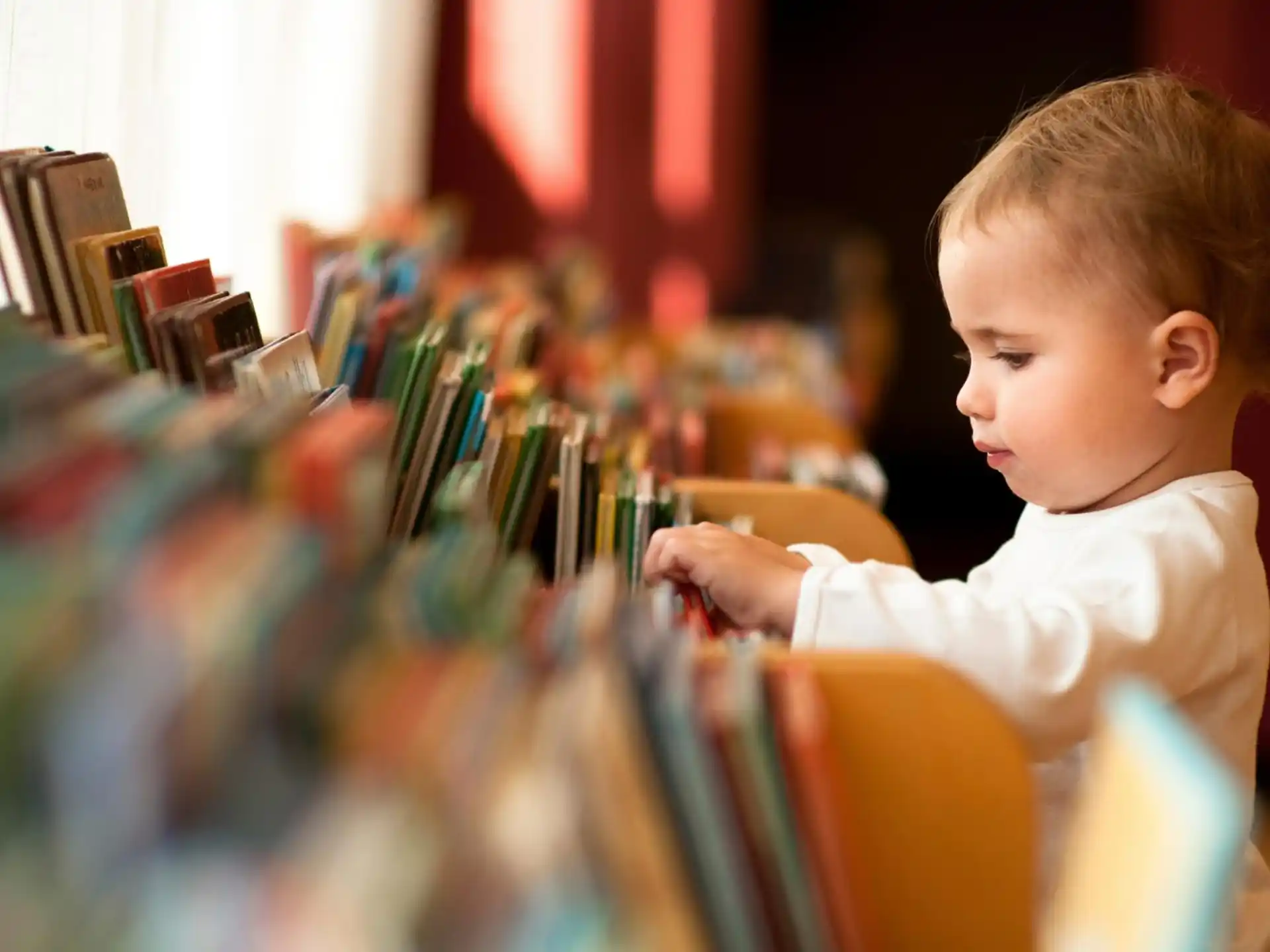 a young boy looking at a bunch of books