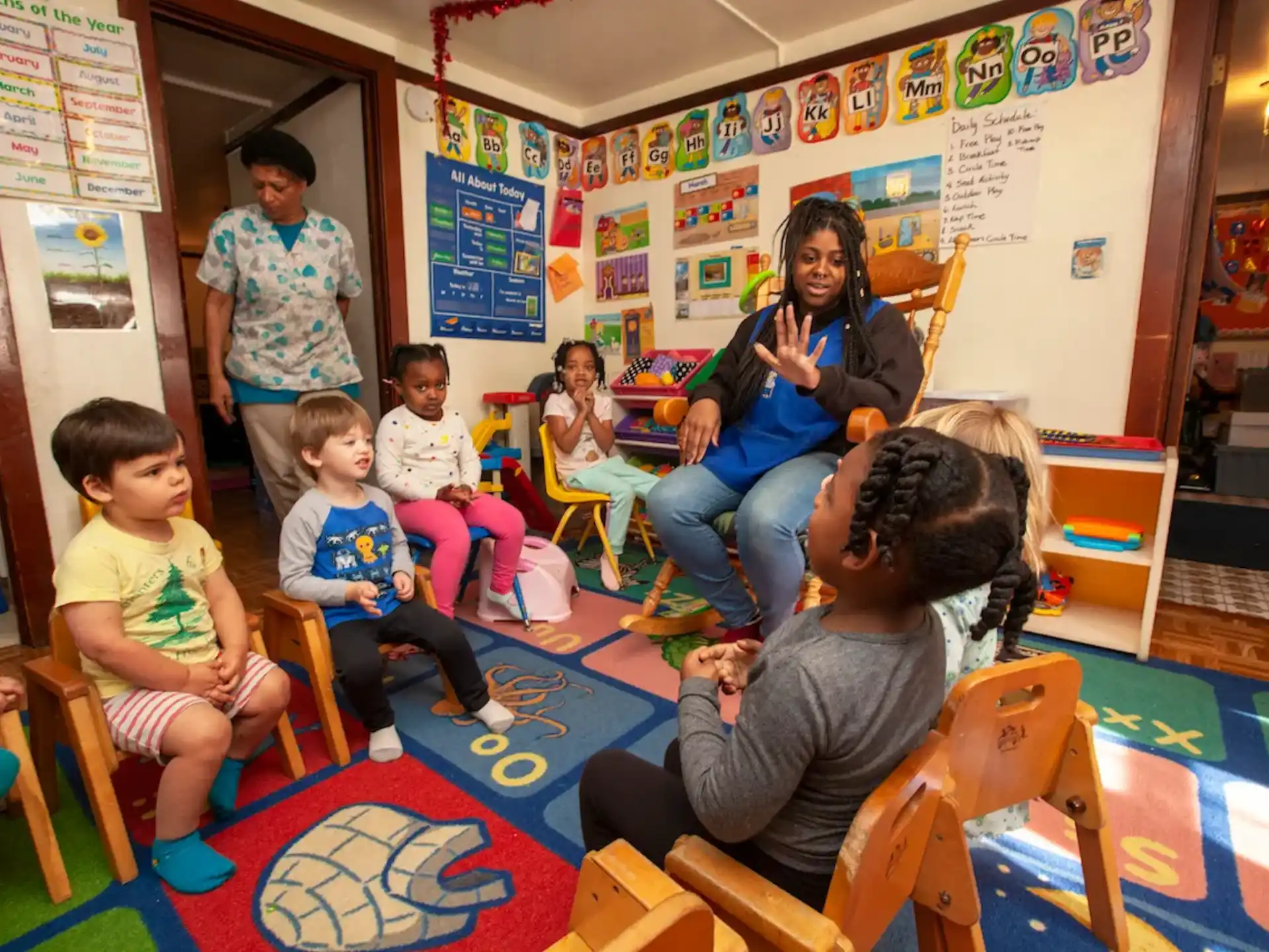 a group of people in a classroom