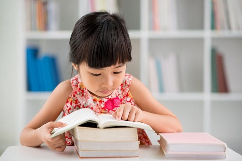 a young girl reading a book