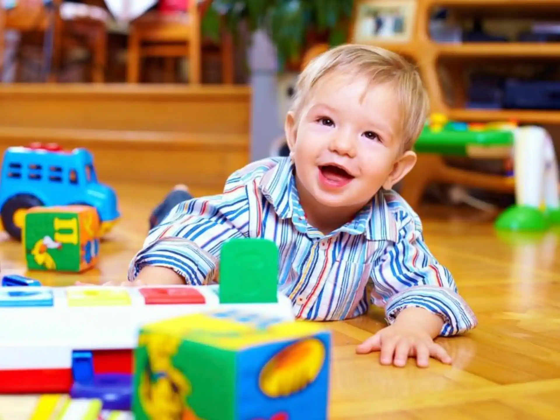 a baby playing with toys