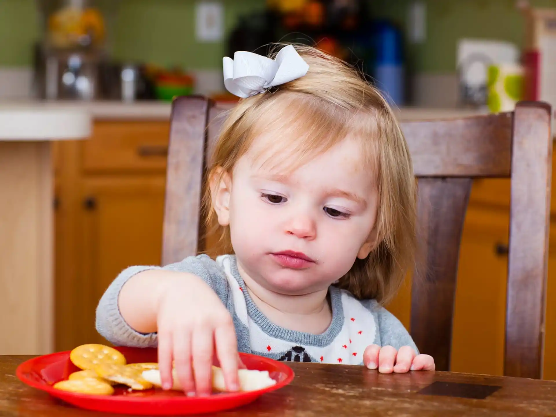 a little girl eating a plate of food