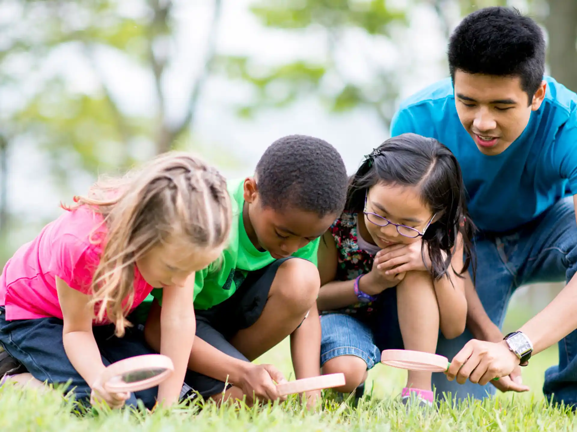 a group of people sitting on the grass looking at a book