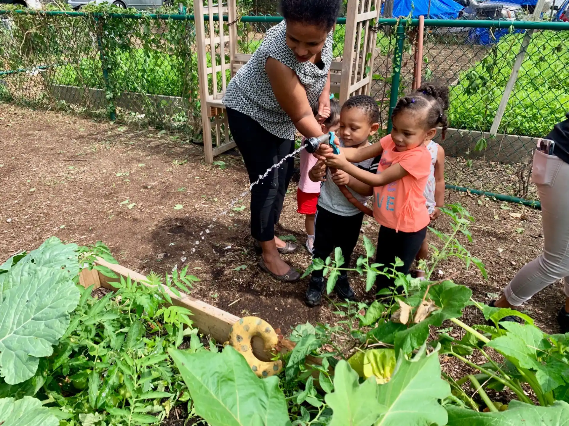 a person and two children in a garden