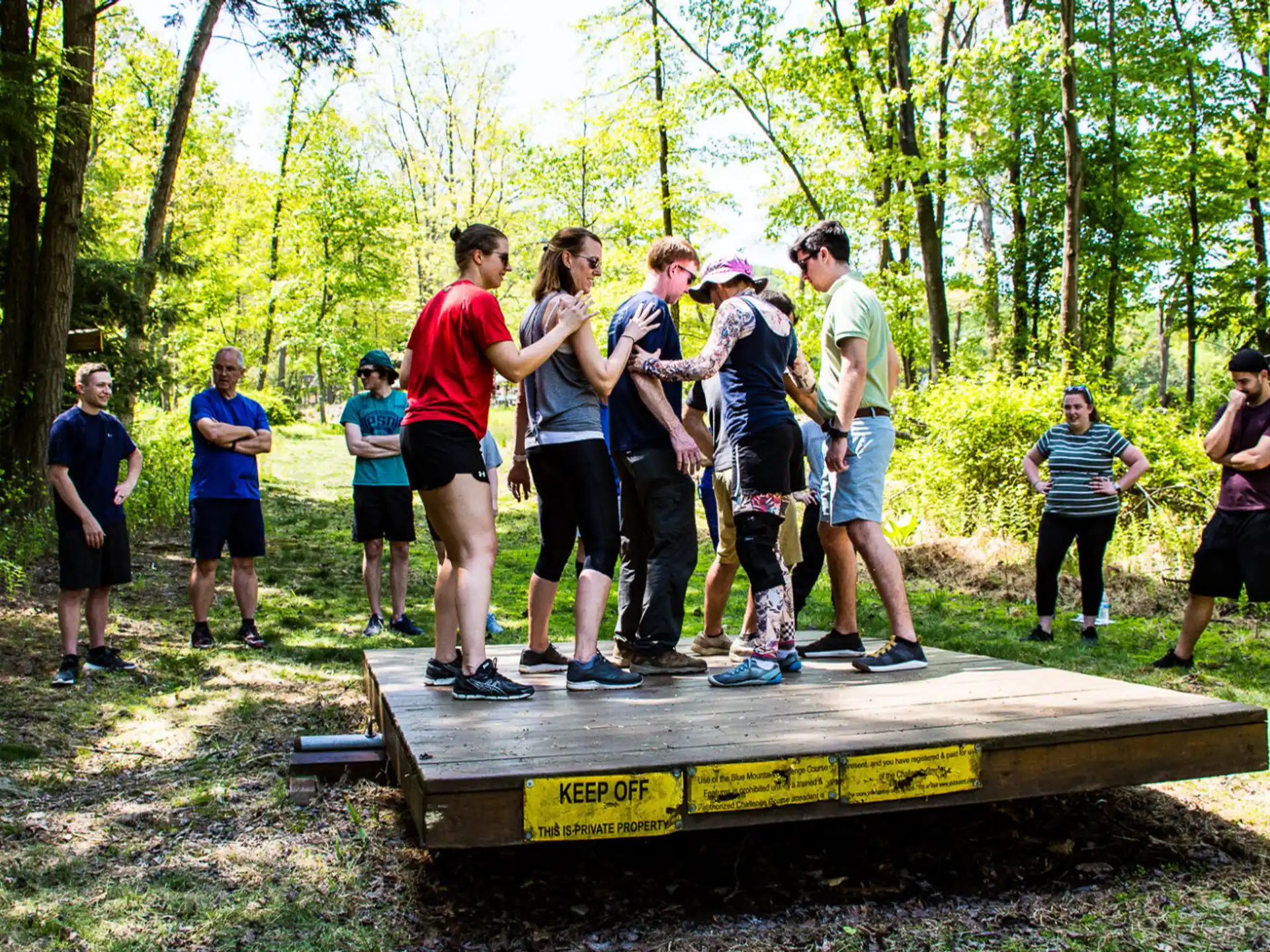 a group of people standing around a wood box in the woods