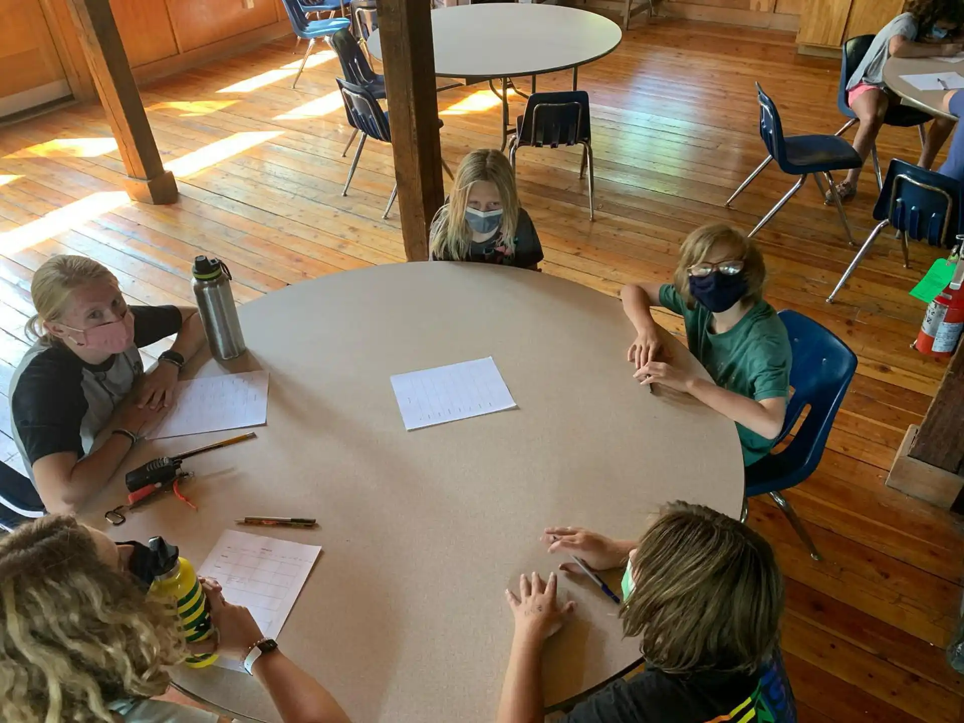 a group of people sitting around a table