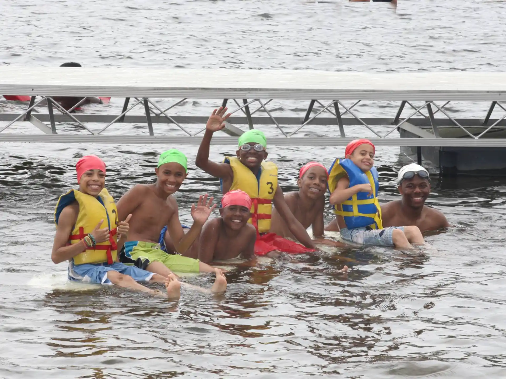 a group of people in a pool