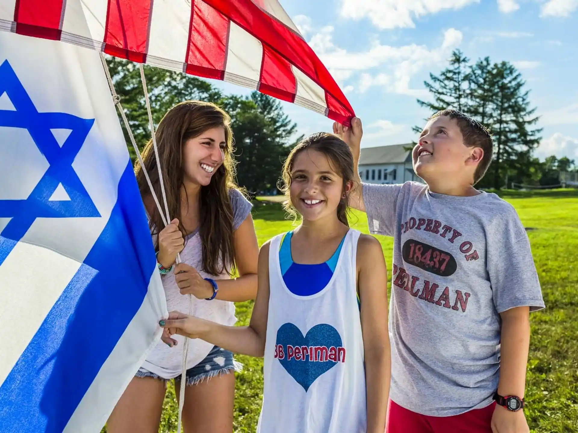 a group of people holding flags