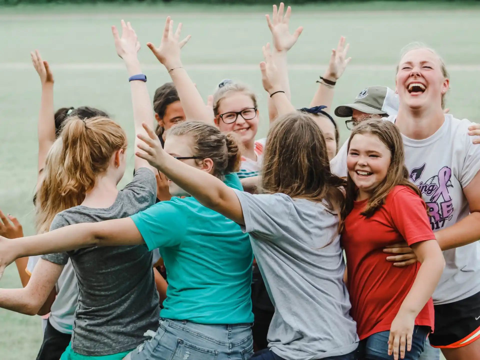 a group of people cheering