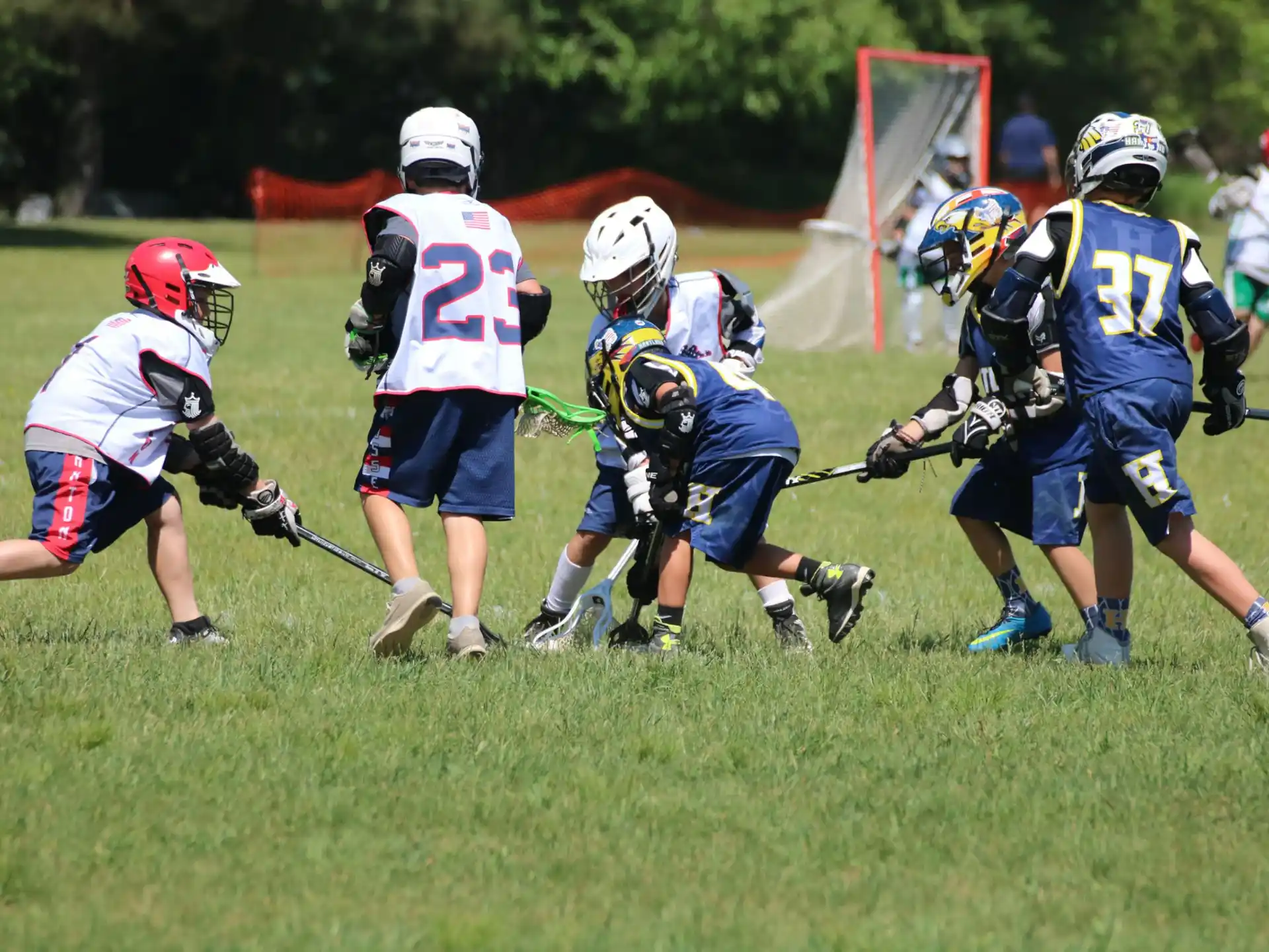 a group of people playing lacrosse
