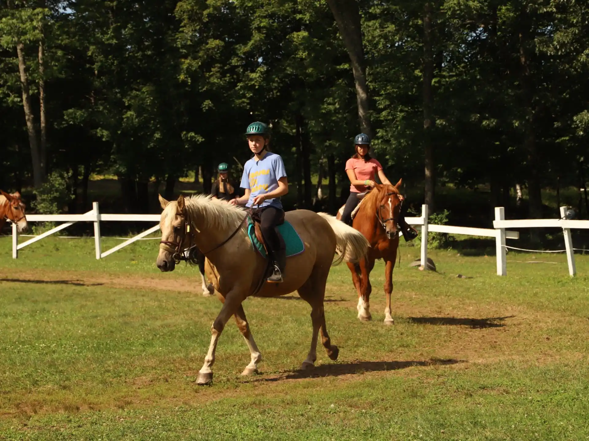 people riding horses in a field