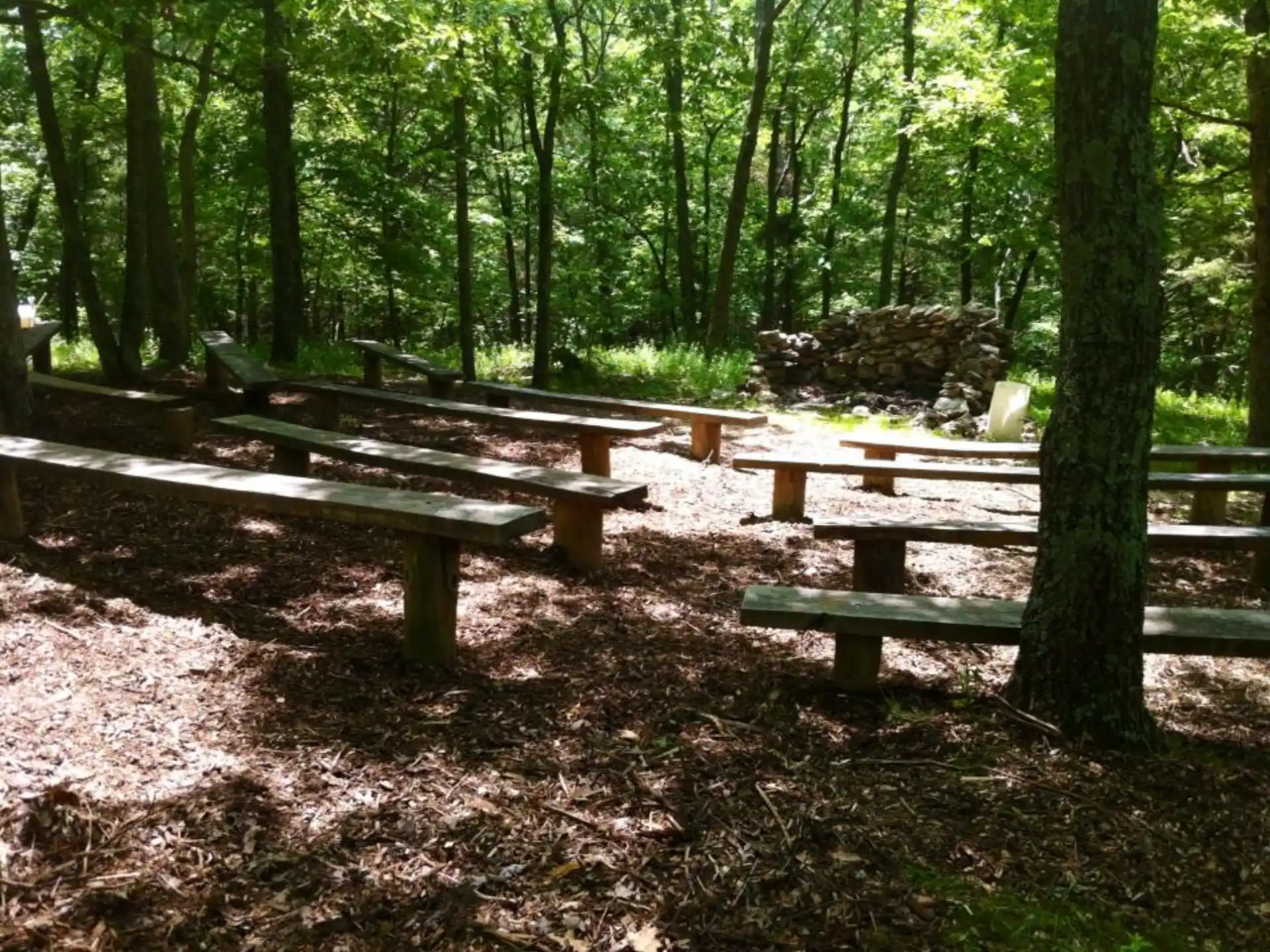 a group of benches sit in a park