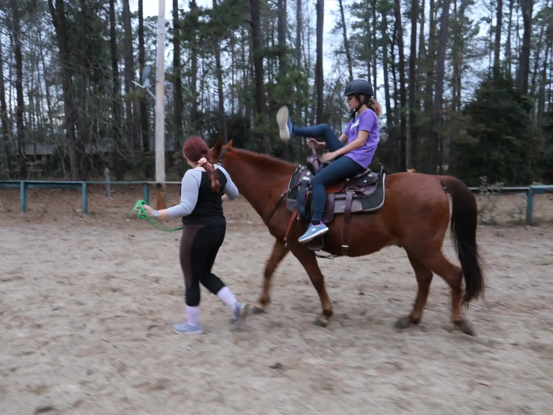 a person riding a horse with a girl on the back